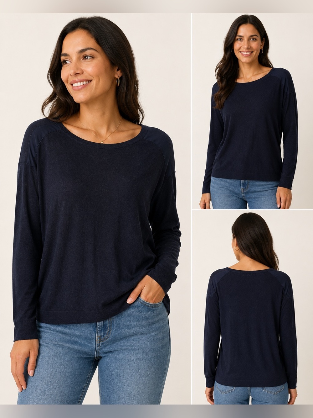 Vince Silk Front Linen Blend Long Sleeve Sweater Black Size Small